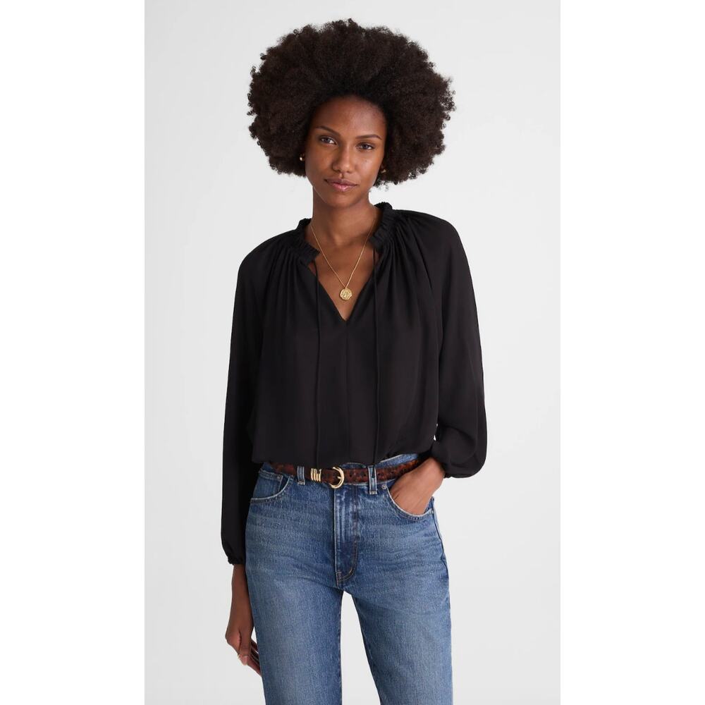 Madewell | NWT Tie Neck Blouse Black‎ Long Sleeve Top | Sz L